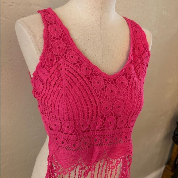 Pink Crochet Fringe Top sz Small - Picture 1 of 3